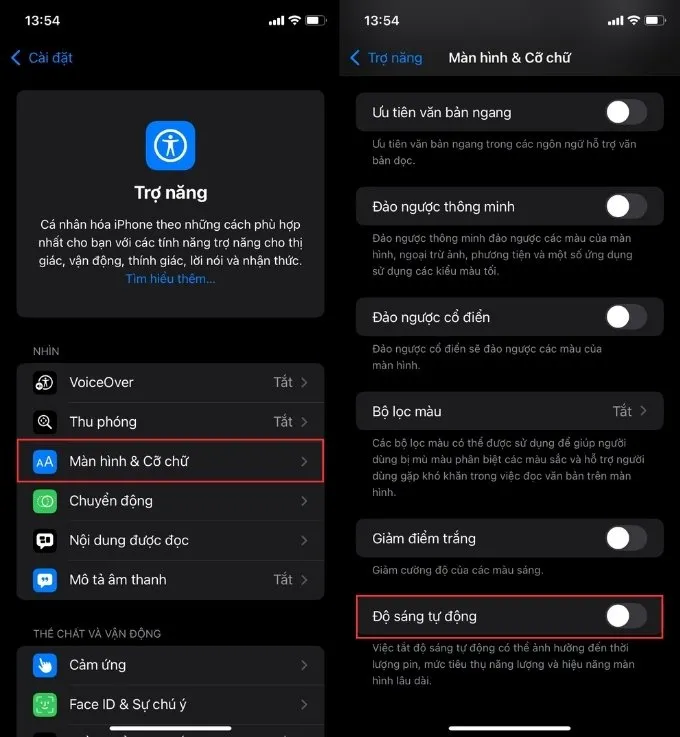 iPhone bật tính năng điều chỉnh sáng tự động