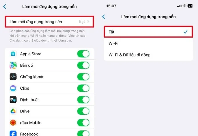 Tắt làm mới ứng dụng trong nền