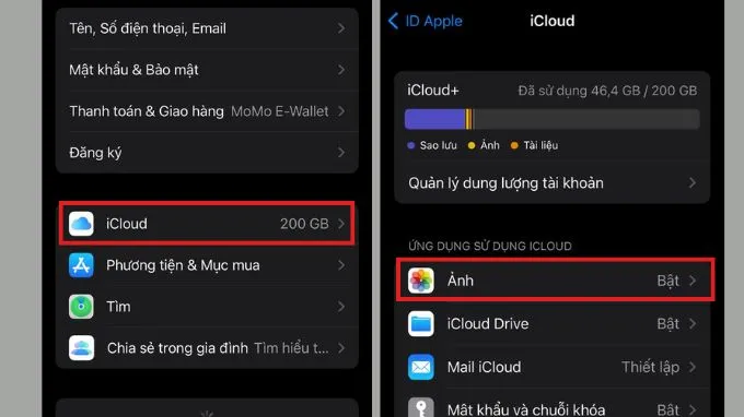 Chọn vào mục Ảnh trong iCloud