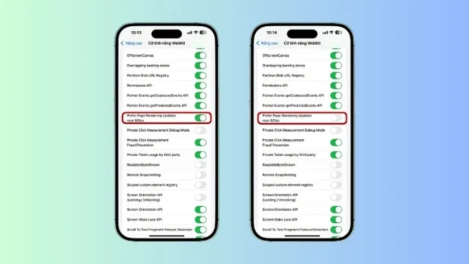 Trong phần WebKit Feature Flags, tìm tùy chọn Prefer Page Rendering Updates near 60fps