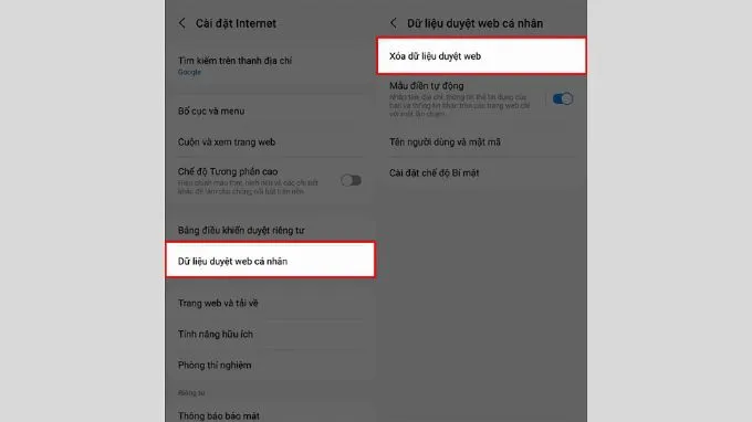 Xóa bộ nhớ đệm trong trình duyệt Internet trên Samsung