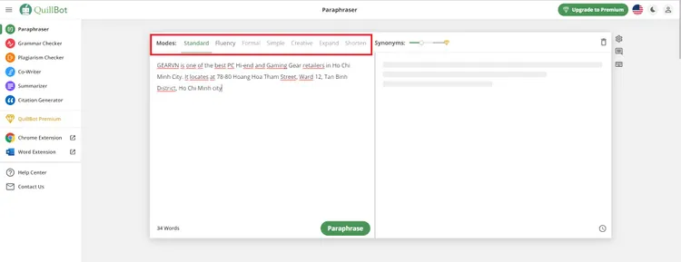 Hướng dẫn sử dụng Quillbot trên website
