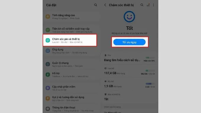 Xóa bộ nhớ đệm bằng tính năng tối ưu hệ thống của Samsung