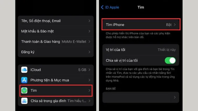 Chọn mục Tìm iPhone