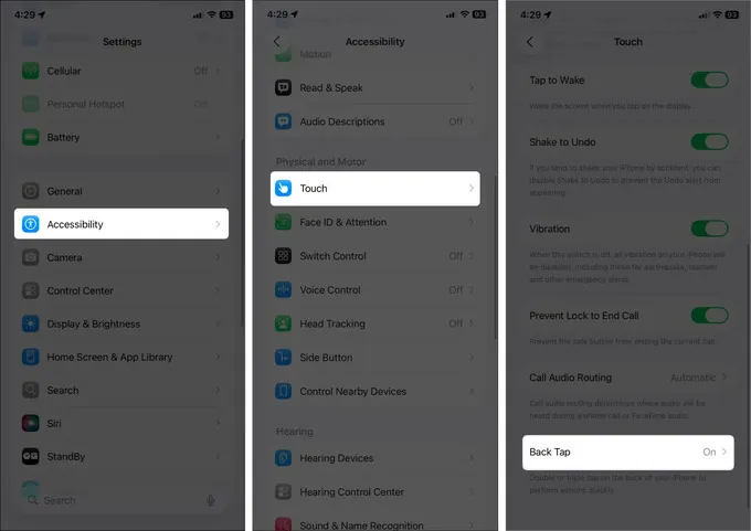 Kiểm tra Back Tap và Phím tắt