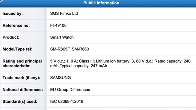 Thông tin Galaxy Watch 4 trên SGS
