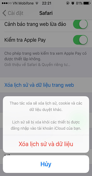 Xóa lịch sử và dữ liệu web trên Safari