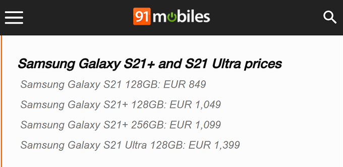 Giá bán của thế hệ Galaxy S21