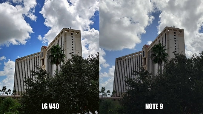ảnh chụp từ LG V40 thể hiện nền trời xanh, tán cây đậm hơn so với Galaxy Note 9